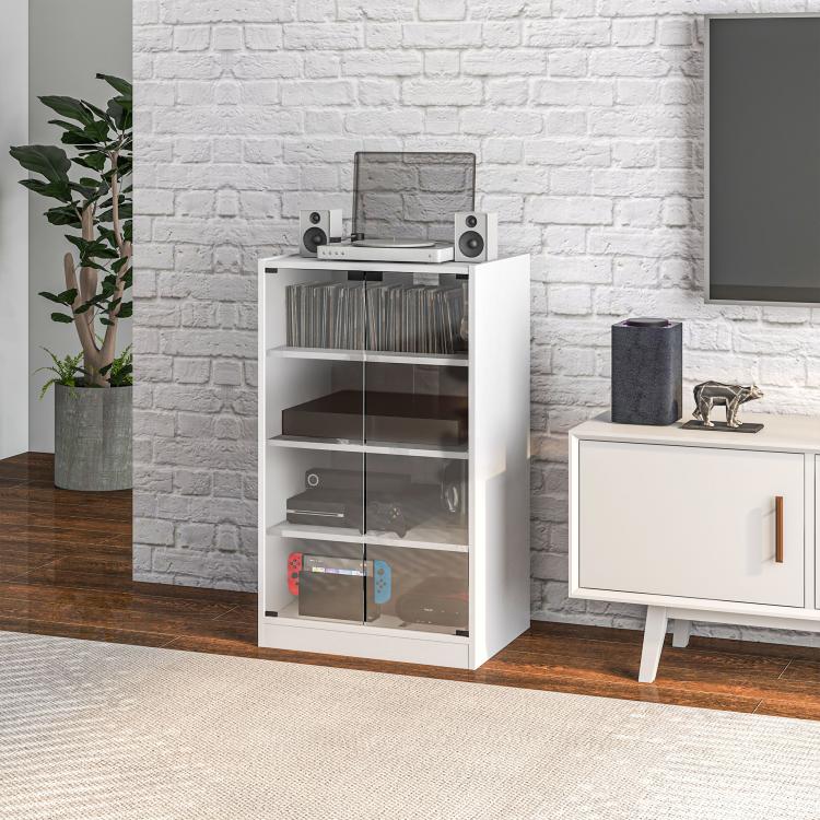 White media cabinet with clear glass doors and stacked shelves for records and consoles