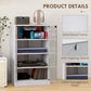 White media cabinet interior detail with cable management area and open shelves