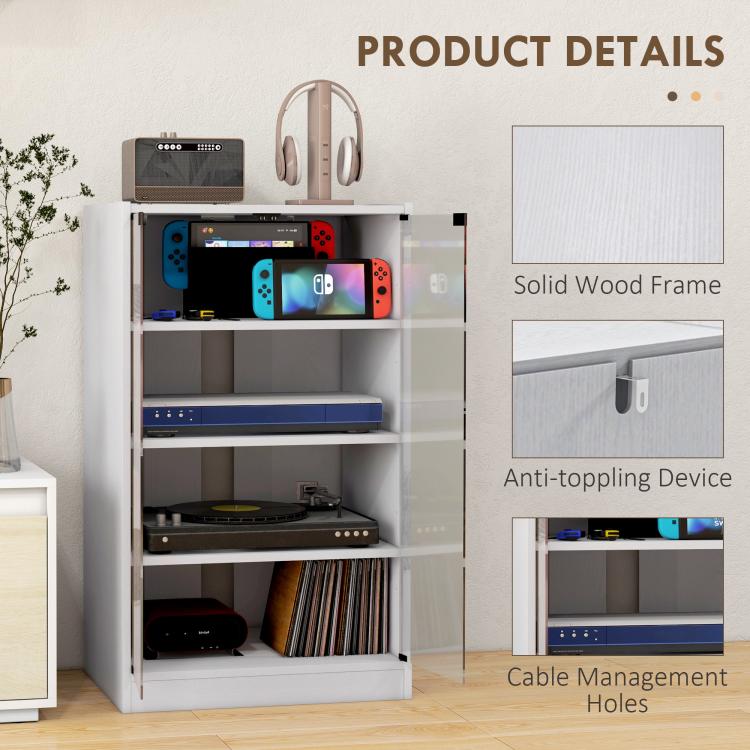 White media cabinet interior detail with cable management area and open shelves