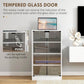 Tempered glass door on white media cabinet with push opening on the inside