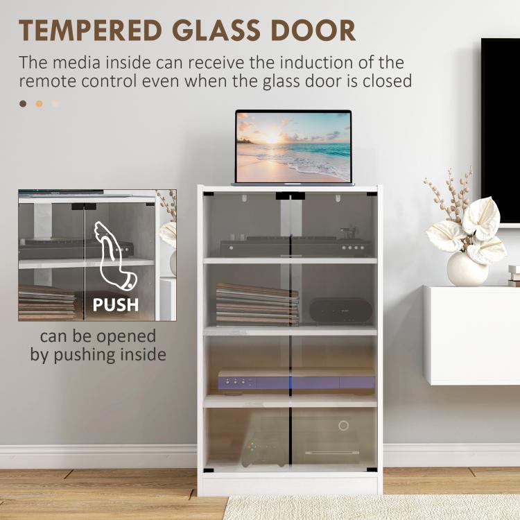 Tempered glass door on white media cabinet with push opening on the inside