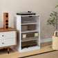 White media cabinet with tempered glass doors, glass-front shelves, and media storage