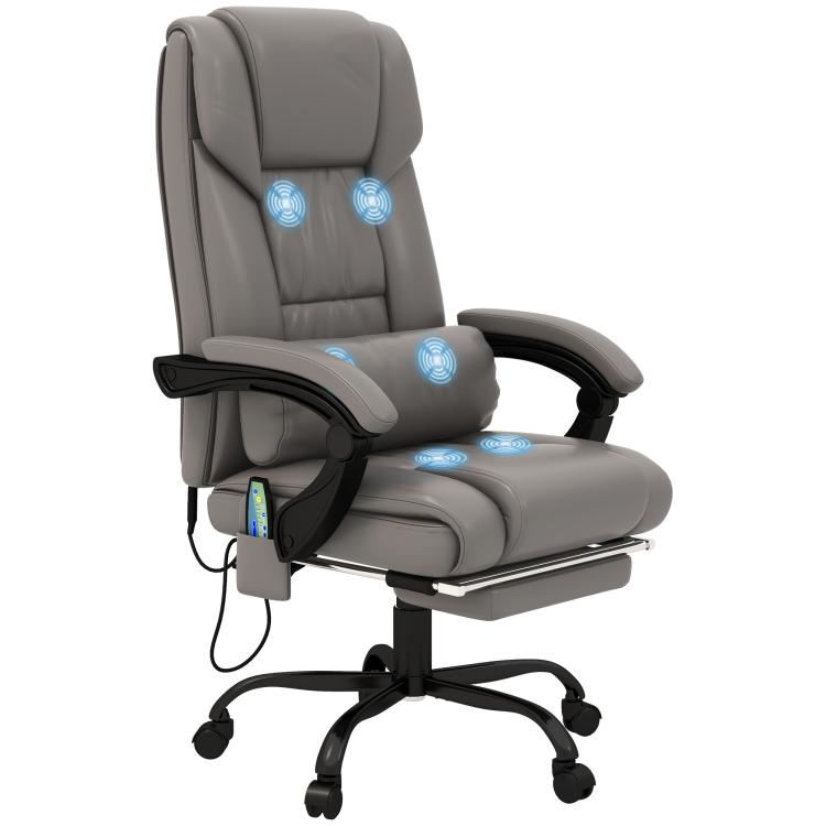 Gray high-back office massage chair with armrests, recliner footrest and glowing vibration points