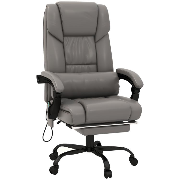 Gray high-back office chair with massage pad on seat and back, reclined support