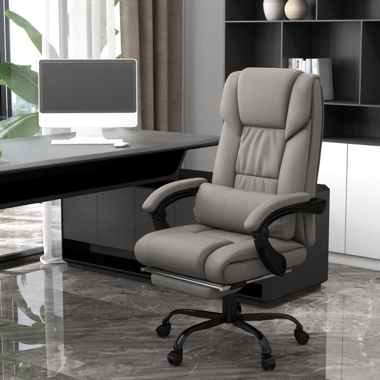 Gray high-back massage office chair with armrests and retractable footrest base