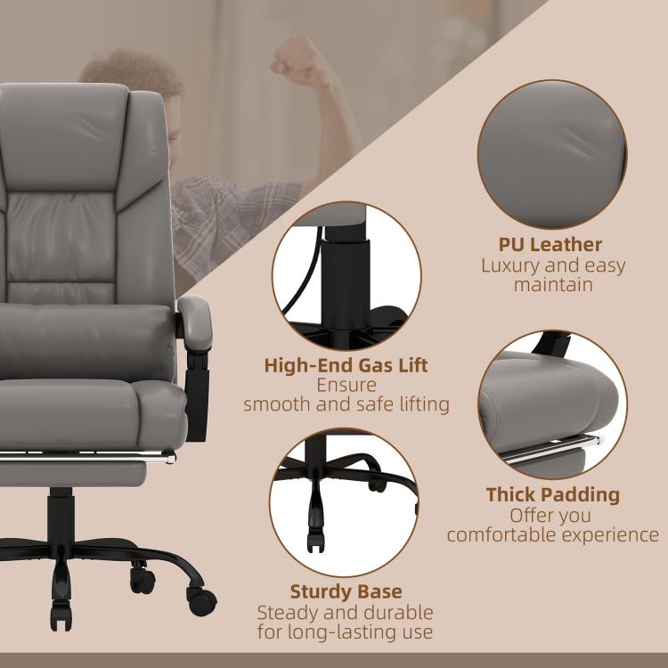 Gray massage chair with high-end gas lift, thick padding, and sturdy five-star base