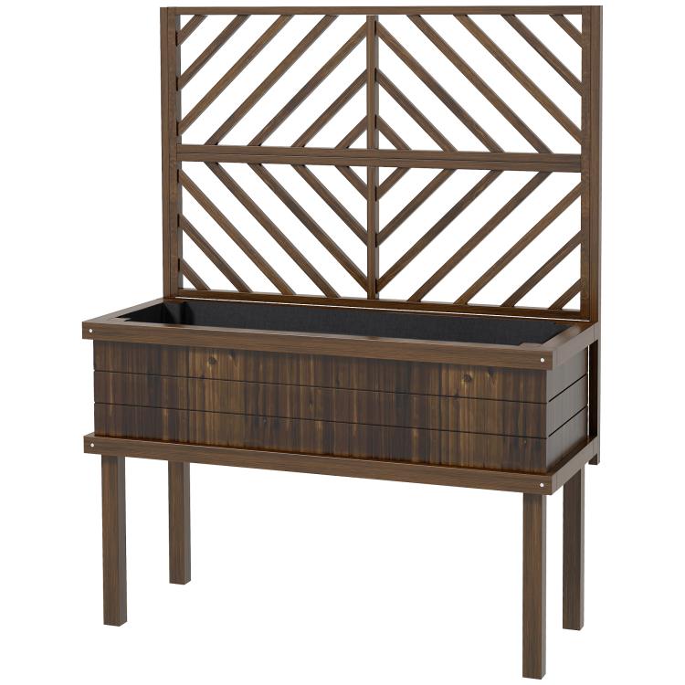 Dark wood raised planter with trellis panel and drainage holes on four legs