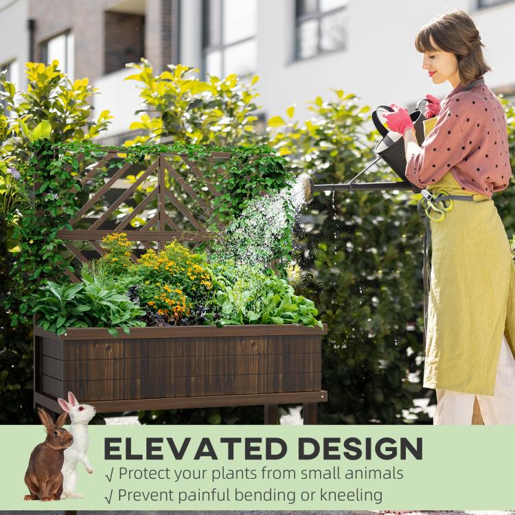 Dark wood elevated trellis planter outdoors with plants being watered