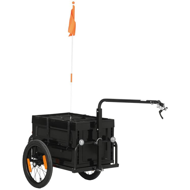 Black bicycle cargo trailer with removable storage box and rear platform, no bottom