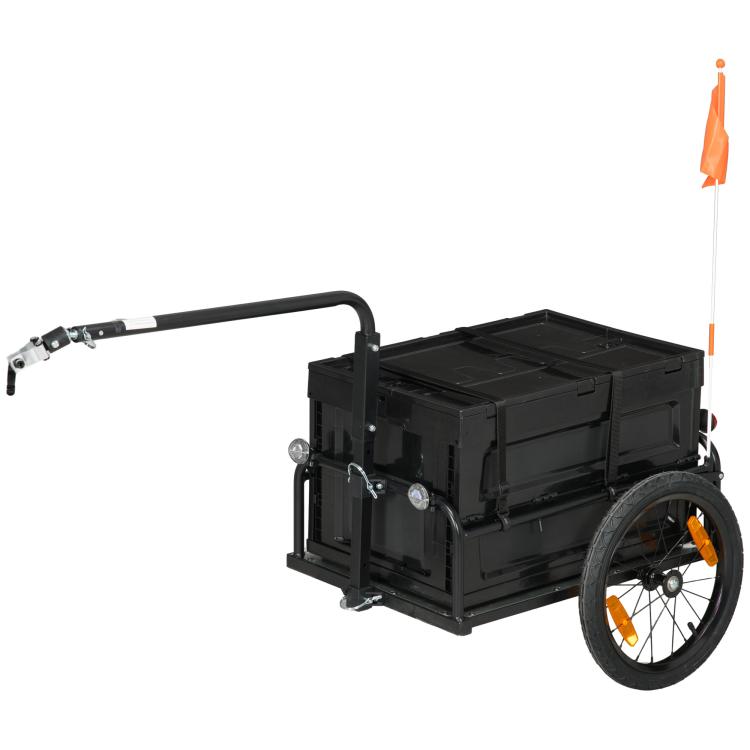 Black bicycle cargo trailer with hitch bar and large rear cargo box