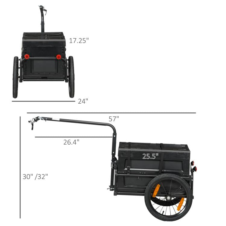 Bicycle cargo trailer size diagram with black frame, wheels, and rear storage box