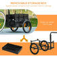 Removable storage box for bicycle cargo trailer, black bin next to folded trailer