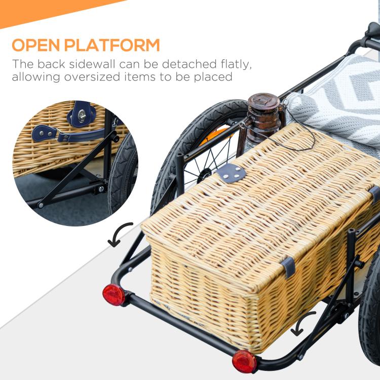 Bicycle cargo trailer open platform with woven basket and attached straps