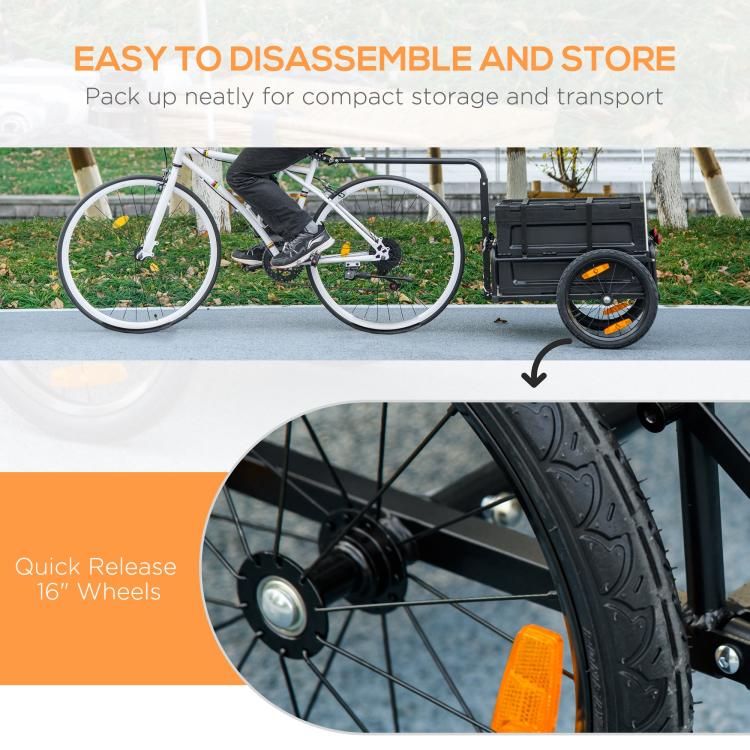 Bicycle cargo trailer with quick-release 16-inch wheels in compact transport view