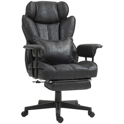 Black executive office chair with padded headrest, armrests, and retractable footrest