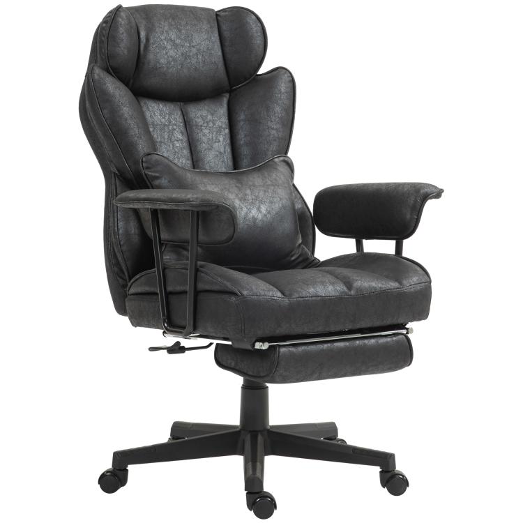 Black high-back office chair with lumbar support, padded arms, and adjustable base