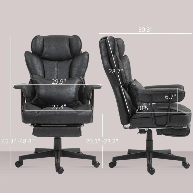 Black office chair shown from front and side with footrest and padded armrests