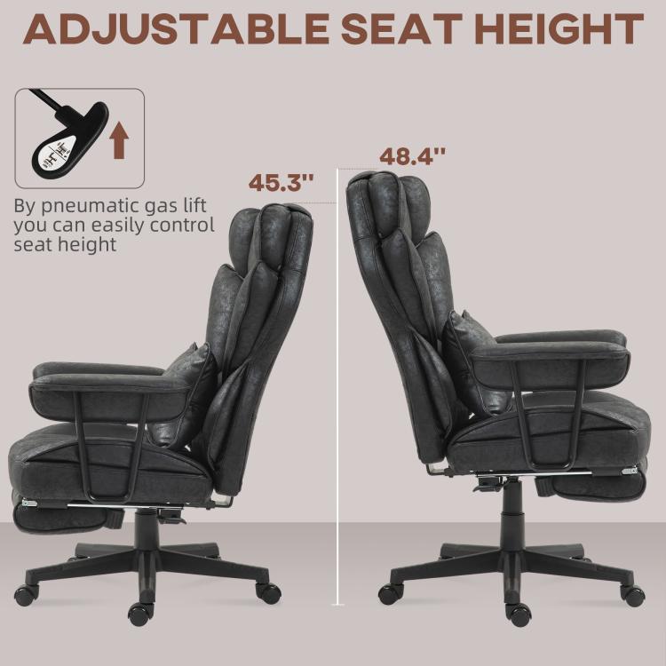 Black adjustable height office chair with tall backrest and padded armrests
