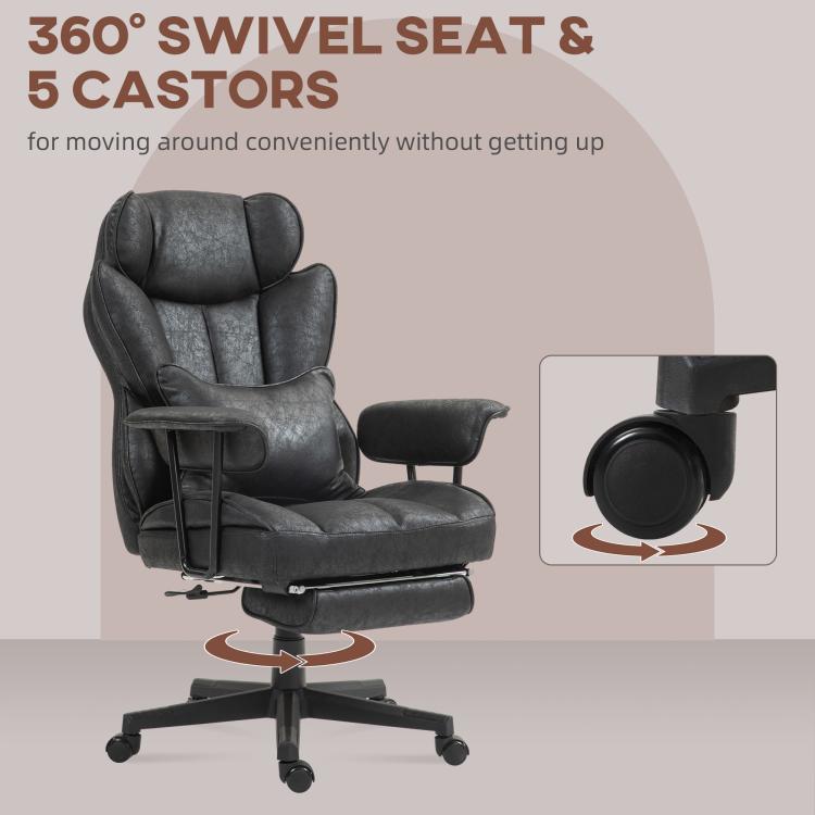 Black swivel office chair with retractable footrest and 5 caster wheels
