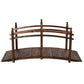 Arc garden bridge walkway with dark brown wooden deck and curved side railings