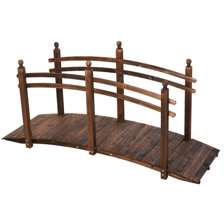Wood garden bridge with arched side railings and dark stained deck