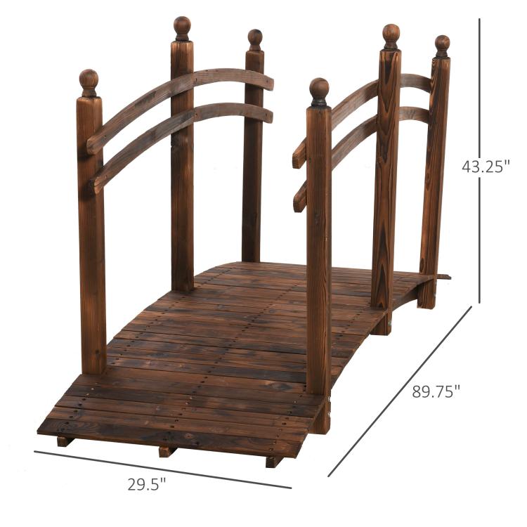 Carbonized fir wood garden bridge deck with side railings, shown with dimensions