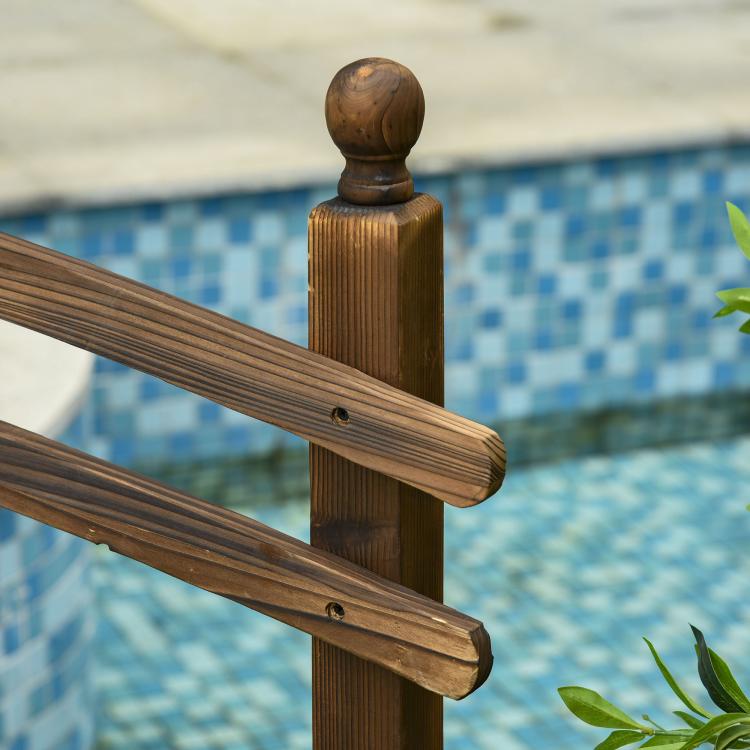 Close-up of side railing top rail and rounded wooden post on a bridge