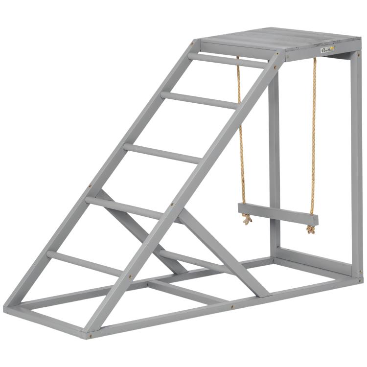 Gray chicken activity center with ladder ramp and hanging swing platform