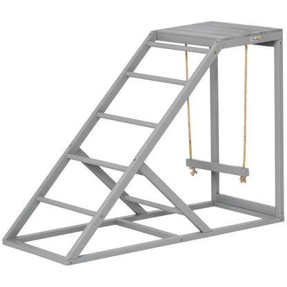 Gray chicken activity center with ladder ramp and hanging swing platform