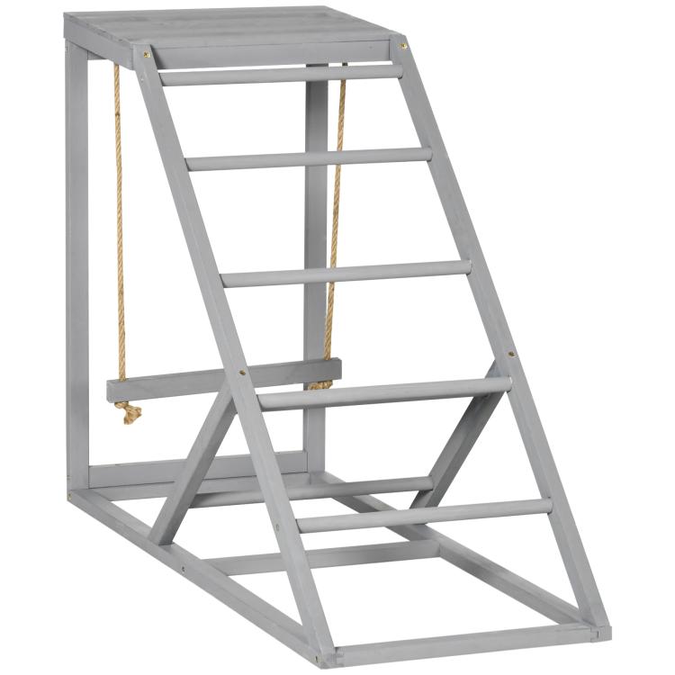 Gray chicken perch and ladder play structure with two hanging rope swings