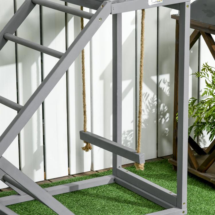 Gray chicken coop activity play set with ropes and ladder perches