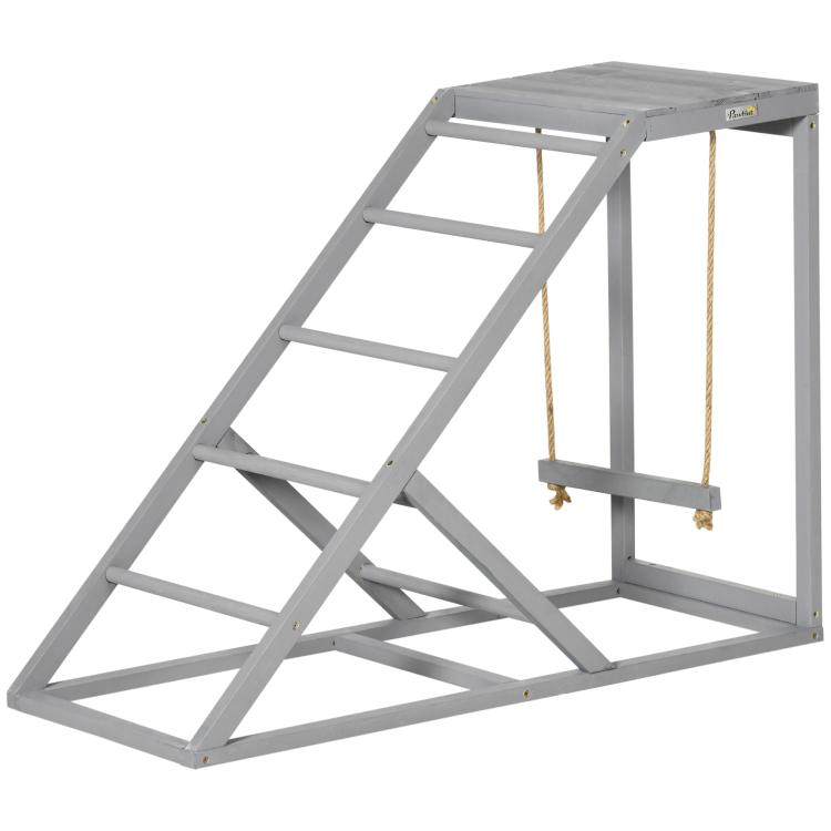 Gray chicken coop activity play set with ladder and rope swing perches