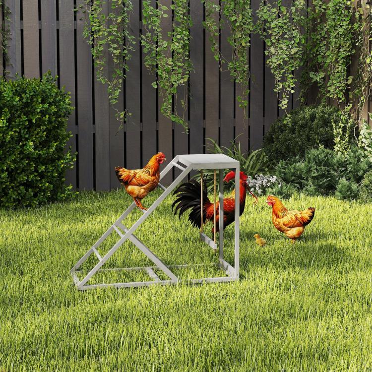 Gray chicken activity play center in a yard with ladder, swing, and perches