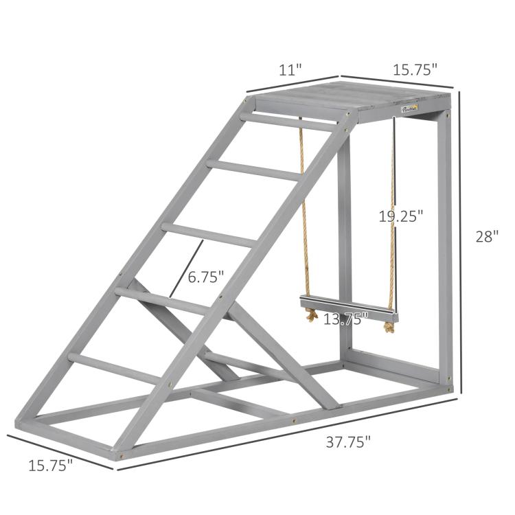Gray chicken activity center dimensions view with ladder and hanging swing
