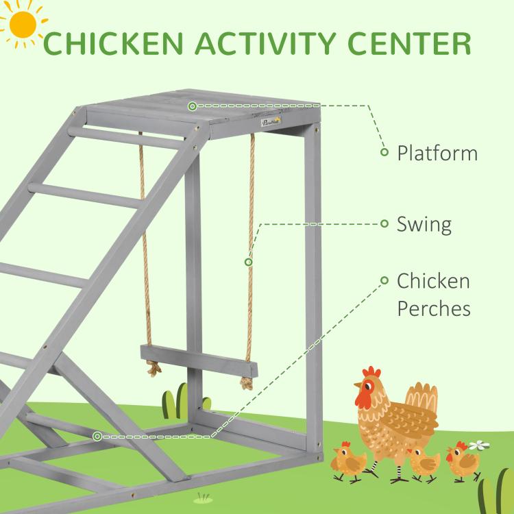 Gray chicken activity center diagram showing platform, swing, and hanging perches