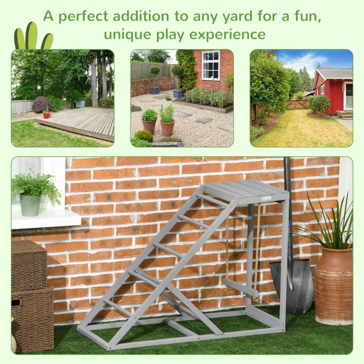Gray chicken activity center on grass with ladder ramp and roofless swing frame