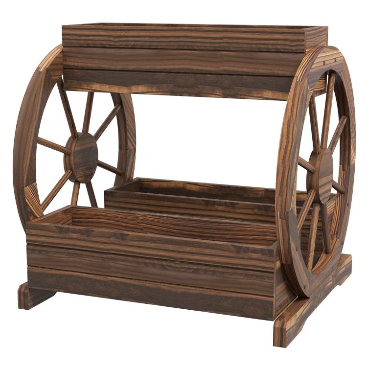 Wooden 3-tier wagon planter box with two side wheels and raised slatted planting trough
