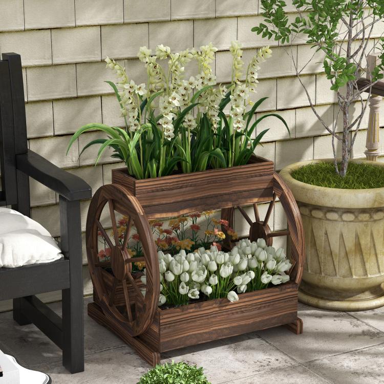 Brown wooden 3-tier wagon planter box with wheel accents and floral plants