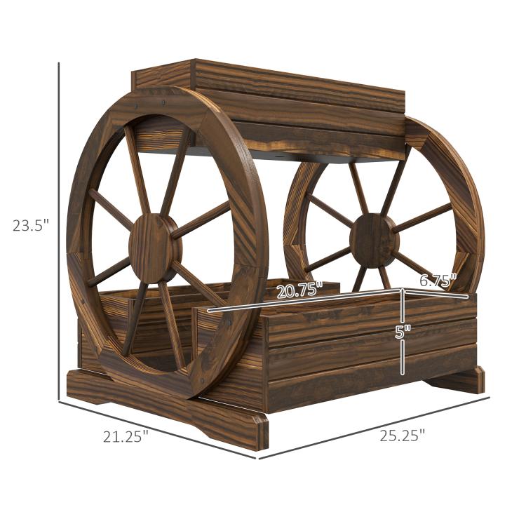 Wooden wagon planter box with dimensions, three tiers and wheel wheel-like sides