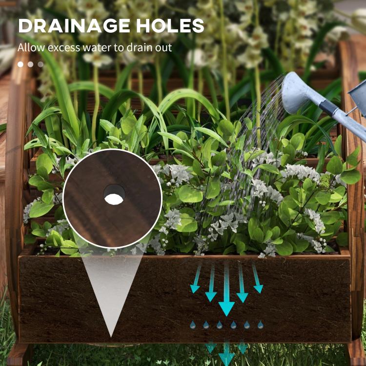 Wooden wagon planter box with plants, showing drainage hole detail at the bottom