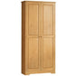Light wood freestanding pantry cabinet with double paneled doors and base trim