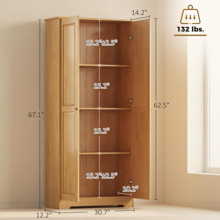 Pinewood pantry cabinet dimensions diagram with open doors and marked shelf spacing