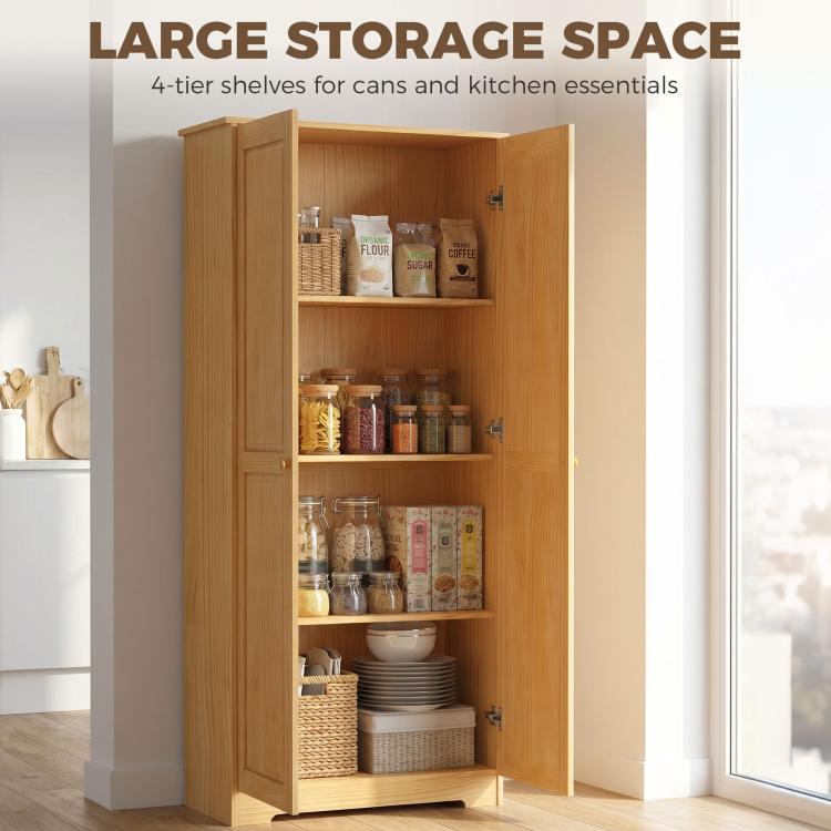 Pinewood pantry cabinet with open doors, showing four tiers for cans and kitchen essentials