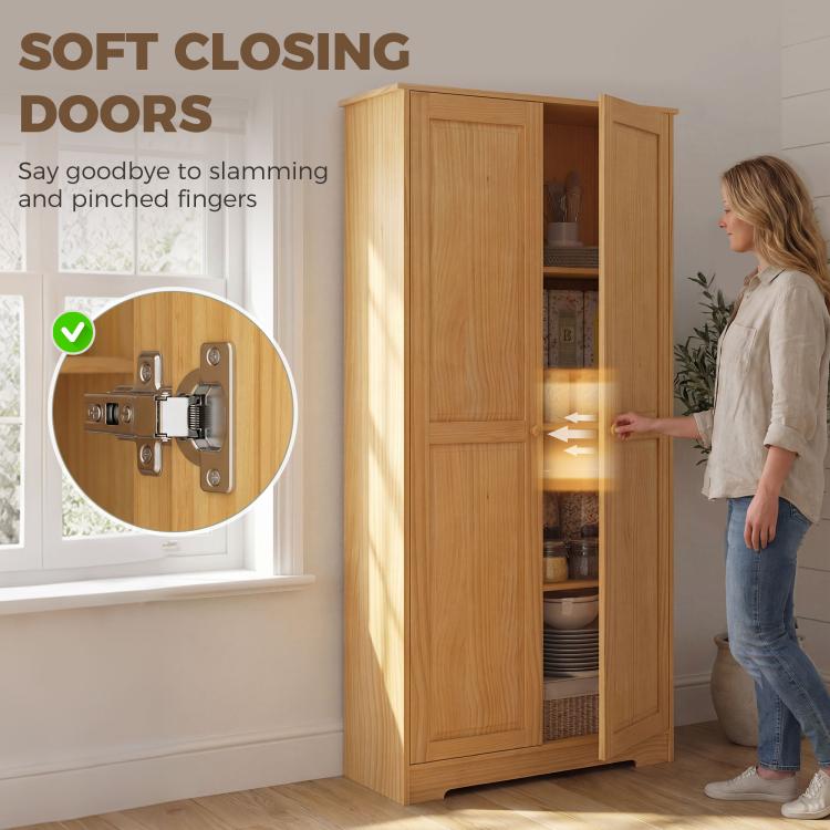 Pinewood pantry cabinet with double doors partly open and soft-close hardware detail