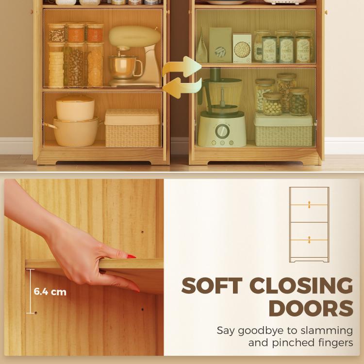 Pinewood pantry cabinet showing soft-closing doors with interior shelves and clearance gap