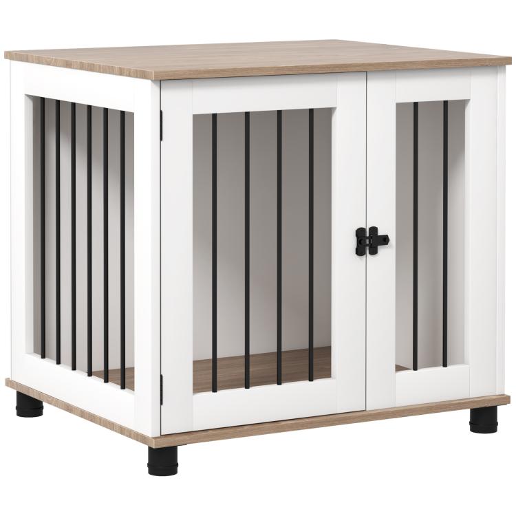 Indoor dog kennel end table with walnut brown top, white door with handle, barred interior