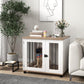 White dog kennel end table with walnut top, front door, and dog inside