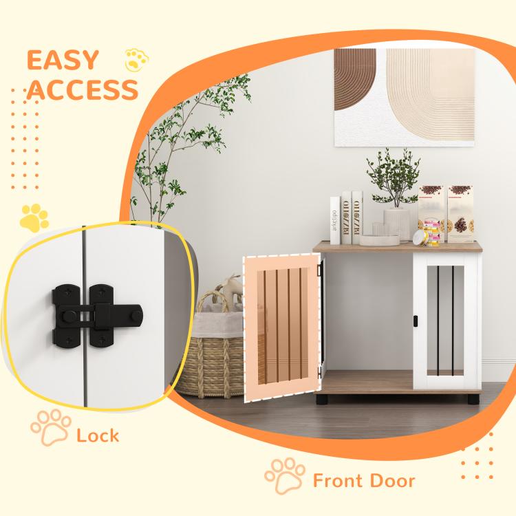 Dog kennel end table lock detail on front door with black latch hardware