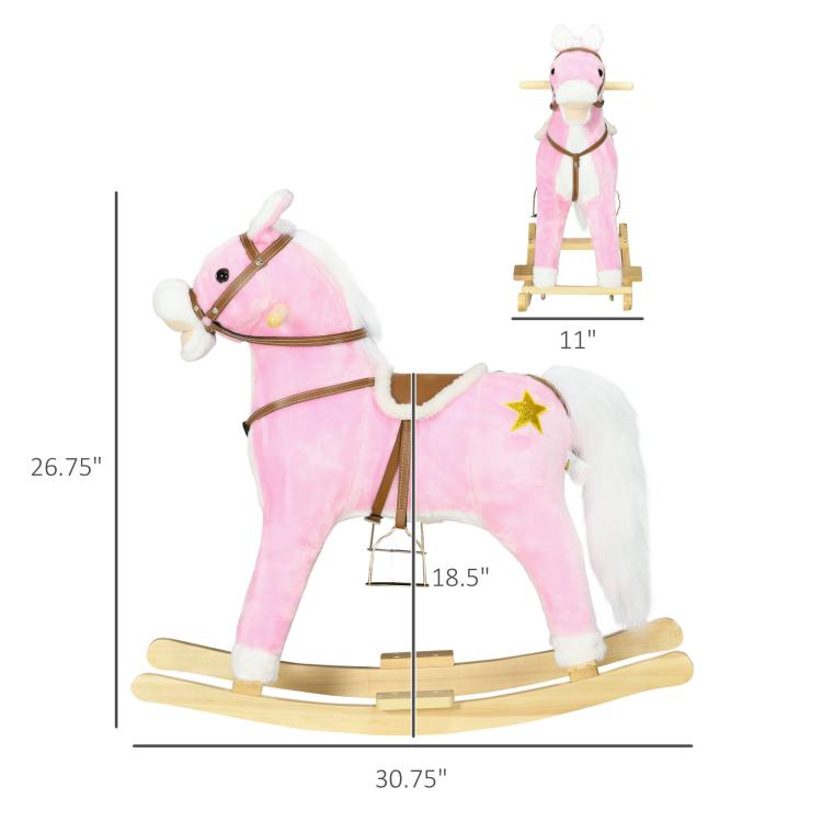 Pink plush rocking horse ride-on with wooden base and star detail on side