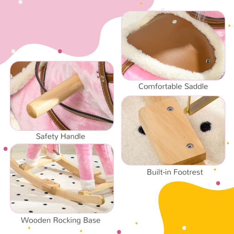 Pink plush rocking horse with wooden rocker base, safety handle, and built-in footrest